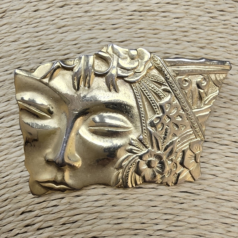 Vintage Jj Brooch Pin Gold Tone Lady Face Art Nouveau Signed 30$